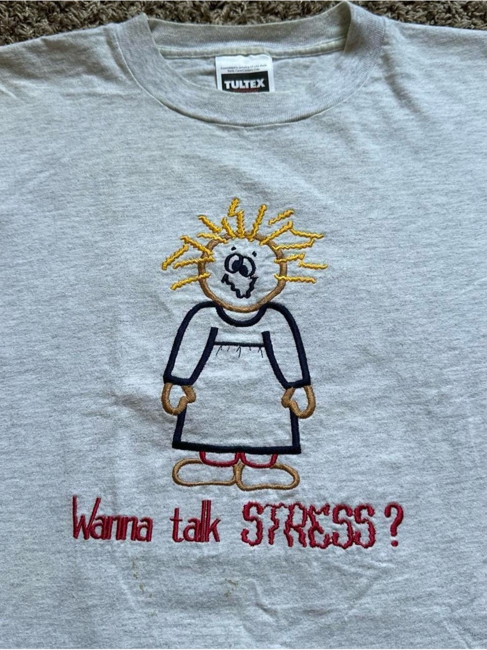 Vintage 1990s Tultex Light Gray 'Wanna Talk Stress?' Embroidered Graphic Tee XL